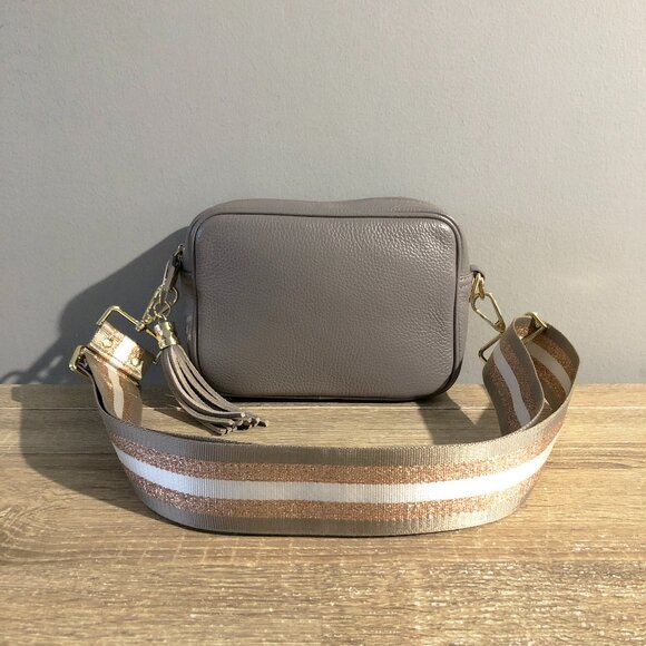 Elie Beaumont Gray Crossbody Tassel Bag with Champagne Strap - Picture 1 of 12